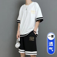 歌古森（GEGUSEN）冰絲速干短袖t恤男孩12-15歲青少年學生13帥氣運動套裝14大童夏裝 3092白色（短袖+短褲） M (80-100斤左右)