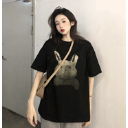 嬌茹妮 中長款純棉短袖t恤女夏季寬松遮屁股美式國潮t長t小個子下半身失蹤上衣 黑色 2XL