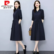 皮爾卡丹（pierre cardin）針織polo領(lǐng)連衣裙女春秋季新款長袖有口袋中年氣質(zhì)A字裙 黑色 M 【建議90-105斤】