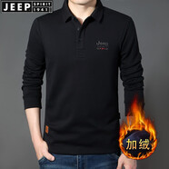 JEEP SPIRIT吉普休閑翻領(lǐng)加絨男長(cháng)袖t恤寬松秋冬微彈厚款繡標大碼保暖體恤衫 黑色加絨 L 175 建議135-145斤