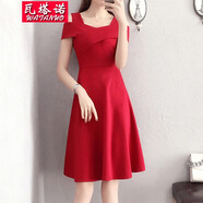 瓦塔諾一字露肩性感女裝修身連衣裙名媛優(yōu)雅氣質(zhì)短袖高腰夏季新款裙子 紅色 XL(115-125斤)