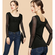 學(xué)子言內(nèi)搭超薄網(wǎng)紗透明打底衫女上衣低領(lǐng)薄紗長(zhǎng)袖薄款紗衣罩衫蕾絲 前后雙層 U 白色(適合體重116-132)