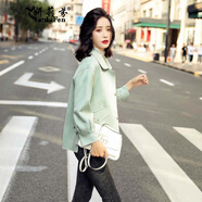 妍莉芬 百搭短外套女裝春秋季新款韓版女裝寬松風(fēng)衣短款夾克小香風(fēng)上衣 櫻花綠 XL