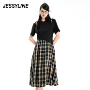 Jessy line杰茜萊黑色格子拼接連衣裙女夏季新款時尚修身裙子 商場同款 格子 S/160