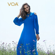 VOA真絲30姆米重磅立領(lǐng)鏤空克萊因藍露肩袖做舊桑蠶絲連衣裙 AE1112 克萊因藍(A88) S