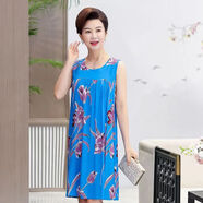 沛阮棉綢睡衣女夏季無(wú)袖睡裙女綿綢連衣裙中老年加大碼寬松裙子可外穿 藍色百合花 4XL 建議140-160斤加肥大碼