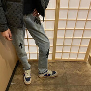 益帛牛仔褲男秋冬新款韓版四條杠水洗做舊休閑直筒修身小腳長(cháng)褲子男裝 藍色十字皮繡 L【建議115-125斤】