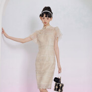 槿爺東方【東方簡(jiǎn)奢風(fēng)】 卿如 新款復古法式時(shí)尚日常短旗袍改良版連衣裙女 香檳色 XS 建議選大一碼