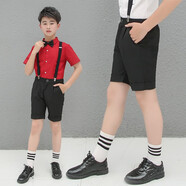 哈利城堡兒童白襯衫秋冬裝新款純棉長(cháng)袖黑襯衣男童紅襯衣男孩加絨襯衣演出 黑色（短褲+背帶） 110