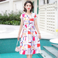 踏麗虹夏季款棉綢麗連衣裙中長(cháng)款修身顯瘦時(shí)尚碎花人造棉大擺沙灘裙子 彩條不規則 2XL 110-130