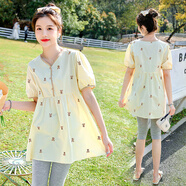 孕婦裝夏裝2025夏季款時(shí)尚套裝中長(cháng)款寬松娃娃衫孕婦襯衫短袖上衣 淡黃色【單件上衣】 M建議【90-120斤】