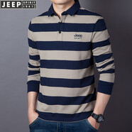 吉普（JEEP）長(cháng)袖t恤男純棉寬松春秋新款翻領(lǐng)男士時(shí)尚條紋體恤衫大碼男裝上衣 卡其色 L (建議135-150斤)