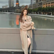 恩若凡毛衣外套女秋冬長款加厚針織開衫馬海毛大衣感腰帶寬松慵懶風開 杏色 S