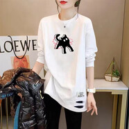妃麗慕尚（FEILIMUSHANG）磨毛加厚打底衫女中長款2025秋冬新款洋氣長袖T恤女加絨內(nèi)搭上衣 【薄款】303-232白色 S 建議100斤以內(nèi)