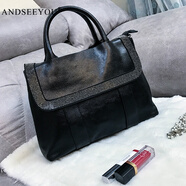 ANDSEEYOU2025新款真皮女包牛皮鑲鉆黑色手提包韓版休閑潮單肩包斜挎包禮物 黑色(現貨，閃電發(fā)貨）