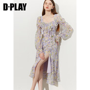 DPLAY2025夏季紫色連衣裙女海邊度假沙灘裙雪紡設計感碎花裙長裙 紫調印象花園-長款 L