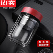 特拉法光一茶水分離泡茶杯雙層隔熱玻璃杯男女保溫便攜防摔小巧迷你水杯 皮紋紅310+杯刷