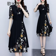 歌米茜時尚氣質(zhì)中老年連衣裙夏季新款送媽媽衣服40-50歲女裝洋氣四十歲中年女人穿的夏天碎花裙子 黑色 2XL