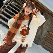 森女部落原創(chuàng  )童趣半立體小熊貓寬松休閑毛衣新款秋冬女裝 米白色（單件） M