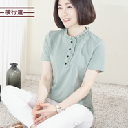 橫行道立領(lǐng)花邊紐扣短袖2024新款夏裝純色寬松T恤韓版簡(jiǎn)約洋氣女上衣 淺綠 4XL