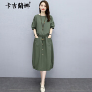 卡吉蘭娜（Kajilanna）棉麻連衣裙女裝夏季新款韓版顯瘦時(shí)尚氣質(zhì)減齡小個(gè)子休閑套裝裙子 綠色 3XL（150-165斤）