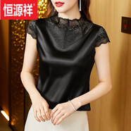 恒源祥冰 絲真絲打底吊帶內(nèi)搭背心女半高領(lǐng)蕾絲春季緞面小衫外穿無(wú)袖上 醋酸黑色 XL 醋酸
