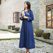 亂在江南民族風(fēng)古典簡(jiǎn)約亞麻連衣裙冬季新品加絨加厚保暖中長(cháng)裙 藍色 M