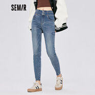 森馬森馬牛仔褲女藍色設計感小熊長(cháng)褲春秋款時(shí)尚百搭磨破寬松鉛筆褲 牛仔深藍0840 29