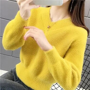 妙變美女毛衣女2023年春季新款女裝加厚保暖套頭針織打底衫女寬松v領(lǐng)上衣 黃色 3XL 建議140-155斤