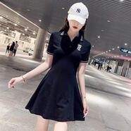 VEOXpolo領(lǐng)連衣裙女收腰顯瘦小個(gè)子2025夏季新款韓版時(shí)尚休閑a字t恤裙 118*[黑色] XL 115-125斤