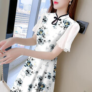 衣彩灣旗袍女2024新款30-40歲夏天穿的荷葉袖開(kāi)衩改良裙短袖中高端潮流 us6 白色 3xl 建議體重130-145