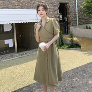 品彩（PinCai）短袖連衣裙女夏季法式優(yōu)雅氣質(zhì)系帶收腰時(shí)尚裙子 PW1KCQ471