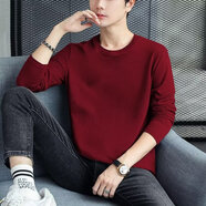 嘉曄男士長(cháng)袖T恤春秋季新款純色圓領(lǐng)套頭衫休閑百搭修身潮流男裝 酒紅色 2XL【120-140斤】