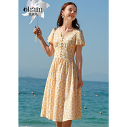 Olrain歐芮兒夏裝短袖連衣裙女肌理繡花氣質(zhì)收腰百搭中長(cháng)款A字裙 黃色 155/80A/S