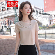 普妮姿白色V領(lǐng)襯衫女夏裝新款韓版不規則洋氣雪紡短袖上衣設計感小眾襯衣女 香檳色襯衫 XL