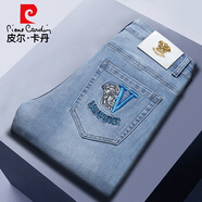 皮爾卡丹歐洲站高端牛仔褲男士修身彈力小腳褲夏季薄款黑色刺繡褲子男 9805復古藍 【高端質(zhì)量】 薄款 32  碼【2尺5】