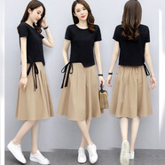 蕭遇2026年春夏季新款女士套裝棉麻連衣裙子夏天小個(gè)子氣質(zhì)女神范衣服 上黑+卡其色下 XL （建議108-118斤）