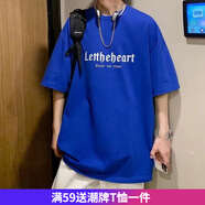 嘉曄短袖T恤新款圓領(lǐng)印花男女寬松ins休閑學(xué)生上衣港風(fēng)五分袖寬松短袖 kp2159藍色 XL