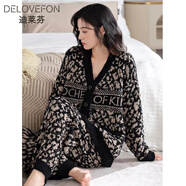 迪萊芬珊瑚絨睡衣女冬季加絨加厚家居服秋冬款女士保暖半邊絨軟綿綿套裝 14823-咖啡女 均碼 建議穿著體重90-135斤