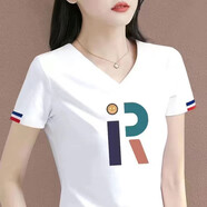 珞達(dá)達(dá)v領(lǐng)短袖t恤女2025夏季女裝新款韓版寬松休閑體恤女上衣打底衫 V領(lǐng)白色R字母 XL 建議110-120斤