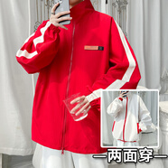 良茨胖子大碼假兩件休閑外套男士春秋冬學(xué)生夾克寬松大碼工裝沖鋒夾克 JK9037紅杏（兩面穿） 5XL 210-240斤寬松