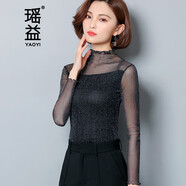 瑤益蕾絲打底衫女2025春夏季彈力半高領(lǐng)純色長袖空調(diào)紗衣網(wǎng)紗拼接上衣 黑色 XL
