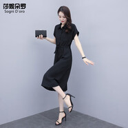 莎妮朵羅大碼女裝胖mm遮肚新款夏裝200斤中長(cháng)款短袖微胖遮肚子連衣裙16012 黑色-16012 2XL 建議125-140斤穿著(zhù)