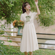 戀的夏天連衣裙學(xué)生女生裙子夏季2022新款氣質(zhì)高中生初中生衣服韓版長(cháng)款法式仙女裙少女熱天學(xué)院風(fēng)中長(cháng)裙 杏色配綠領(lǐng)帶 均碼