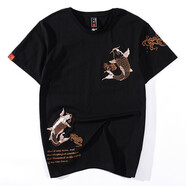 簡拓 2022夏季新品薄款中國風(fēng)刺繡仙鶴純棉短袖T恤 學(xué)生情侶裝體恤男大碼半袖衫 2012黑色 M碼(90-115斤)