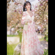 熊司令2025春秋新款初戀在逃公主法式復(fù)古可甜可鹽裙子仙女連衣裙YGW 花朵a字連衣裙 均碼 s