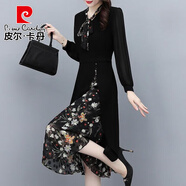 皮爾卡丹長(cháng)袖雪紡連衣裙女2025年春秋季新款百搭洋氣中年媽媽秋裝裙子 黑色 XL