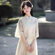 妍莉芬（yanlifen）新中式禪意茶服旗袍套裝女日常改良漢服文藝國風(fēng)顯瘦溫柔連衣裙夏 杏綠上衣+杏色裙 L