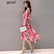 QIYUN 印花雪紡連衣裙女沙灘裙夏季新款波西米亞裙子度假裙子 玫紅色 M