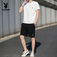 花花公子（PLAYBOY）短袖T恤男2025夏季套裝男潮流百搭圓領(lǐng)短袖短褲兩件套情侶裝T恤 白色 （1826TZ套裝） XL